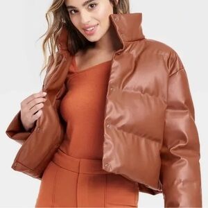 Brown Faux Leather Cropped Puffer Jacket